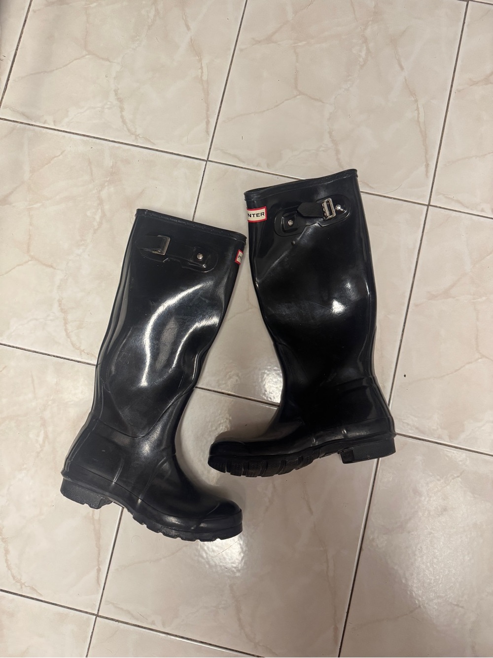 Hunter Black Tall Gloss Rubber Rain Boots with Side Buckle